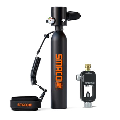 SMACO Mini Scuba Tank 0.5L Portable Reusable Diving Tank Emergency Diving Cylinder for Snorkeling, Freediving, Boat Cleaning & Air Backup Lightweight & Compact Design Pony Bottle S300 - style: Scuba Tank (Black)+scuba Adapter