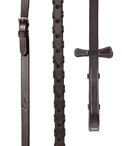 Exion Flat Hunter Bridle with Laced Reins – Classic English Leather Horse Bridle Set – Traditional Flat Browband & Broad Cavesson Noseband Tack, Brown Havana Choco, Cob Full Warmblood Sizing - color: Oak Brown, size: Cob/Medium Size