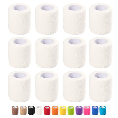 12 Pack Self Adhesive Bandage Wrap, 2 in x 5 Yards Vet Wrap Tape, White | Non-Woven Self Adherent Cohesive Bandage for Thumb, Finger, Wrist, Knee, Ankle - color: White