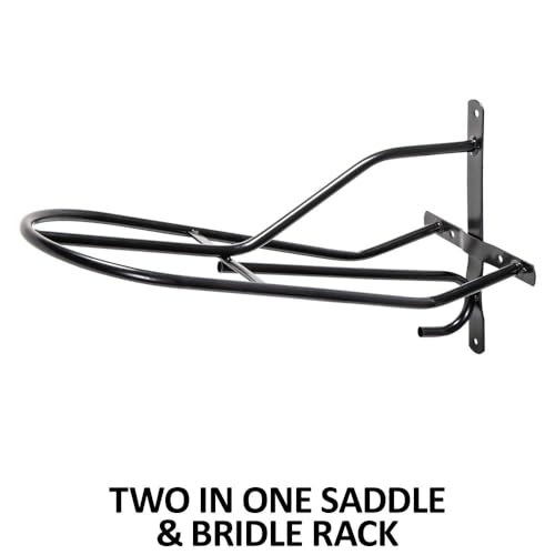 EASY-UP Black English & Western Saddle Rack | Organize Tack Room | Sleek and Durable | PVC Coated Steel | Mounts Easily | Includes Hook to Hold a Bridle, Helmet or Other Items