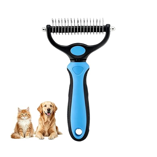 Dematting Comb for Dogs and Cats, Undercoat Rake Pet Brush for Long Hair, Deshedding Dog Brush Removes Tangles Knots and Loose Fur, Grooming Tool for Thick Coats (Blue L) - color: Blue L