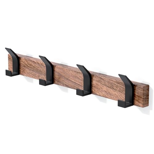 17 Inch Black Walnut Wood Wall Mounted Coat Rack with 4 Black L Hooks, Adhesive Mounted Entryway Hooks, Modern Natural Wooden Pegs for Hanging Coat Clothes Hat Bag Purse Key and Towel - color: Coat Rack with 4 L Hooks