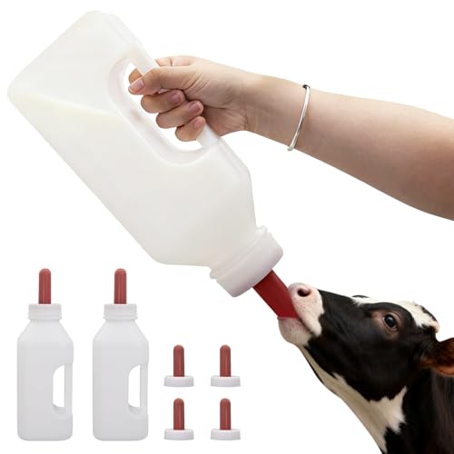 2 Pack Calf Bottle with Screw Nipple 2Quart Calf Milk Feeder Bottles& 4 Replacement Rubber Nipples & Cap,Calf Feeding Device with Hand Grip Handle Kid Livestock Nursing Feeding Bottles