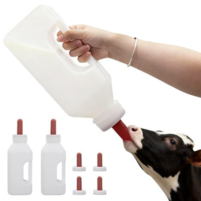 2 Pack Calf Bottle with Screw Nipple 2Quart Calf Milk Feeder Bottles& 4 Replacement Rubber Nipples & Cap,Calf Feeding Device with Hand Grip Handle Kid Livestock Nursing Feeding Bottles