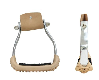 Aluminum Angled Stirrups, 3 in Neck, Leather Tread