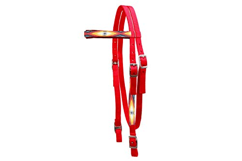 Tahoe Tack Overlay Printed Nylon Western Browband Headstall with Matching Split Reins 1 Year Warranty - color: Red Aztec, size: Full Horse