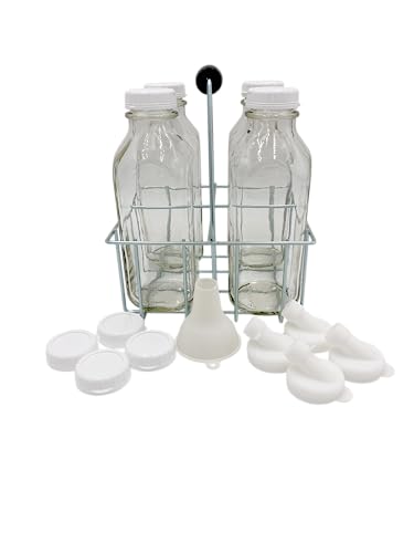The Dairy Shoppe Heavy Glass Milk Bottles - Extra Lids, Silicone Pour Spouts - Silicone Funnel - Clear Milk Containers - Reusable - Wire Carrier - Made in USA (Liter 4 Cell Carrier Combo) - size: 1142.9 Ounces