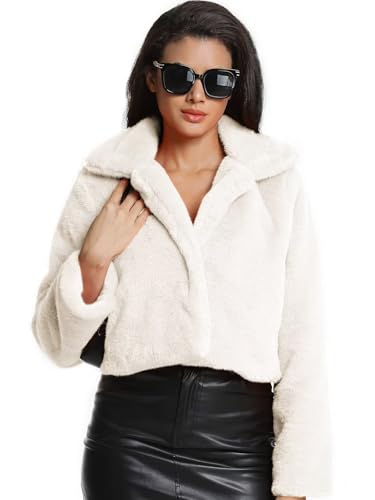Women's Cropped Faux Fur Jacket with Hidden Pockets and Buttons Plush Shawl Collar Cardigan Sexy Coat - color: White, size: Small