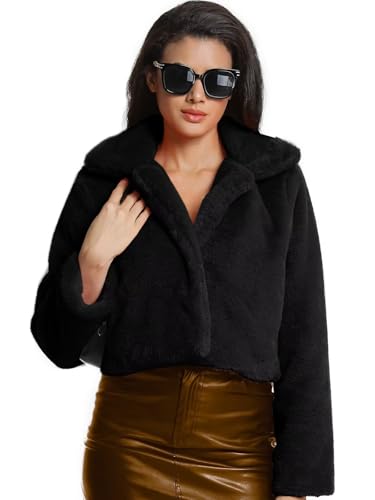 Women's Cropped Faux Fur Jacket with Hidden Pockets and Buttons Plush Shawl Collar Cardigan Sexy Coat - color: Black, size: Small