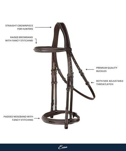 Exion English Hunter Bridle with Designer Stitched Browband & Hunter Noseband – Anatomical Mono Crownpiece, Padded Noseband, Rubber Reins – Horse, Cob, Pony, Oversize – Black, Havana, Oak Brown - color: Reddish Brown, size: Over/Warm Blood Size