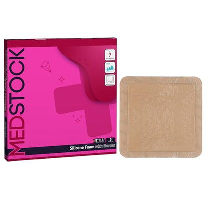 MEDSTOCK Silicone Foam Dressing with Border, 8"x8" (Pack of 5), Wound Care, Super Absorbent, Atraumatic Removal, Five Layers, Waterproof, Seals Wound Edges, No Adhesion Loss - size: 8"x8" (Pack of 5)
