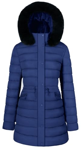 BodiLove Women's Fur Hooded Thickened Jacket with Fleece Lining - color: Navy Hip-length, size: Small