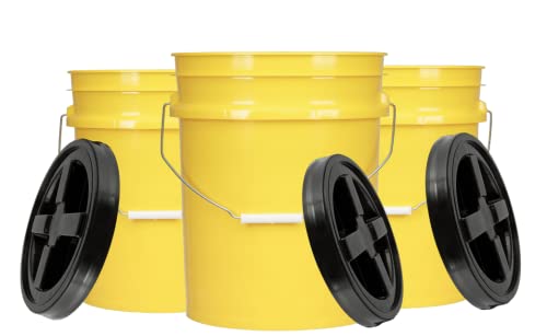 House Naturals 5 Gallon Plastic Yellow Food Grade BPA Free Made in USA Bucket Pail with Air Tight Double Gasket Screw on Lid(Pack of 3) (Yellow) - color: Yellow and Black Lids