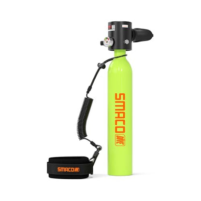 SMACO Mini Scuba Tank 0.5L Portable Reusable Diving Tank Emergency Diving Cylinder for Snorkeling, Freediving, Boat Cleaning & Air Backup Lightweight & Compact Design Pony Bottle S300 - style: Scuba Tank (Green)