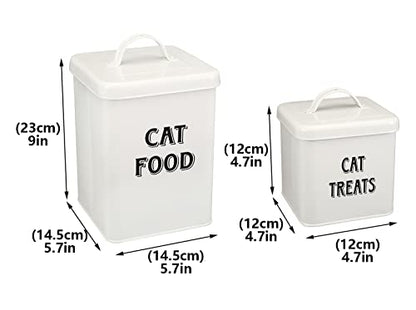 Pethiy Cat Food and Treats Containers Set with Scoop for Cats-Vintage Cream Powder-Coated Carbon Steel-Tight Fitting Lids-Storage Canister Tins-catfood-white