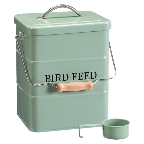 Bird Seed Storage Container, Airtight Metal Bird Food Canister Holds 5-6 LBS Wild Bird Feed, Bright Yellow Bird Feed Tin with Wooden Handle & Measuring Scoop, Dry Pet Snack & Grain Storage Bin - color: Green