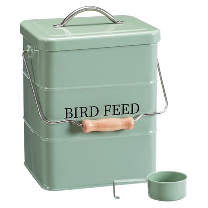 Bird Seed Storage Container, Airtight Metal Bird Food Canister Holds 5-6 LBS Wild Bird Feed, Bright Yellow Bird Feed Tin with Wooden Handle & Measuring Scoop, Dry Pet Snack & Grain Storage Bin - color: Green