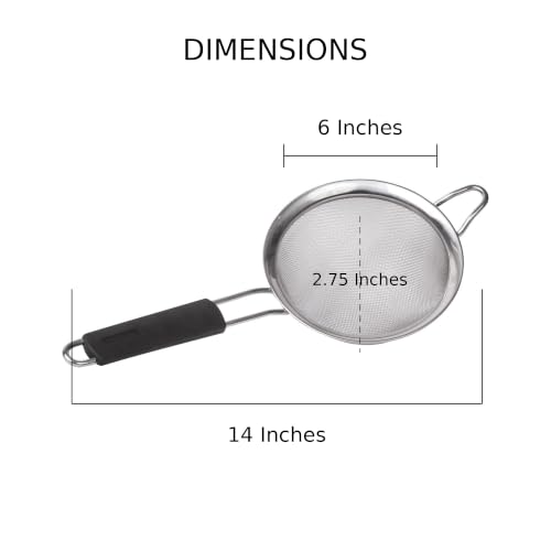 HIC Kitchen Fine Mesh Strainer, 6-Inch, Stainless Steel And Silicone | Support Handle, Silicone Comfort Grip, Fine Mesh Filtration, Non-Reactive, Dishwasher Safe - size: 6-Inch