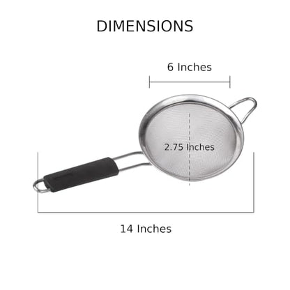 HIC Kitchen Fine Mesh Strainer, 6-Inch, Stainless Steel And Silicone | Support Handle, Silicone Comfort Grip, Fine Mesh Filtration, Non-Reactive, Dishwasher Safe - size: 6-Inch