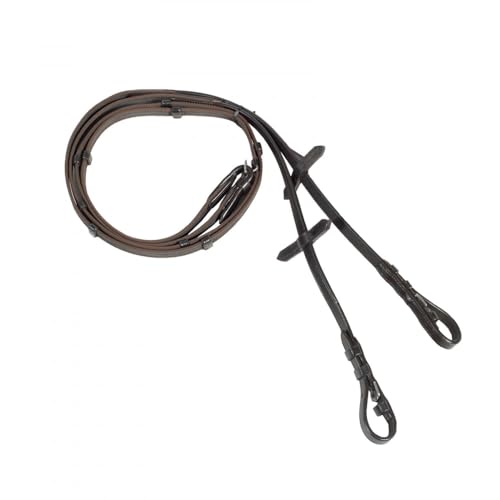 HORZE Slender Grippy Horseback Riding English Web Reins with Hand Stops - color: Brown, size: Pony