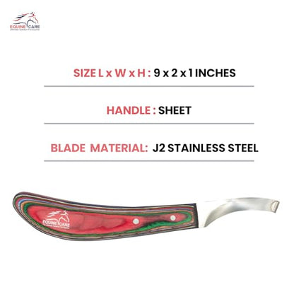 Equine Care Farrier Hoof Knife (Left-Handed) | Razor Sharp J2 Stainless Steel Blade, Ergonomic Handle | Professional Grade Precision Tool for Horse, Cow, Goat & Livestock Hoof Trimming & Shoeing. | Farrier hoof knife for horses, goats, sheep and cattle; J