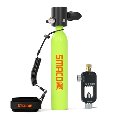SMACO Mini Scuba Tank 0.5L Portable Reusable Diving Tank Emergency Diving Cylinder for Snorkeling, Freediving, Boat Cleaning & Air Backup Lightweight & Compact Design Pony Bottle S300 - style: Scuba Tank (Green) +Scuba Adapter