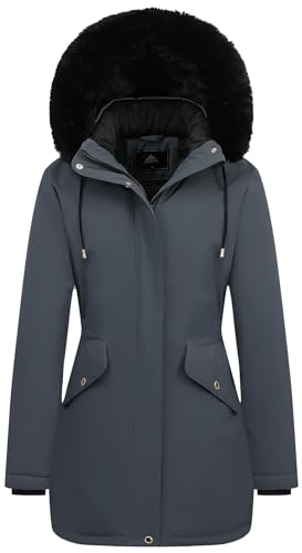 MOERDENG Women's Long Winter Down Coat Thicken Fleece Lined Puffer Jacket | Faux Fur Detachable Hood Parka Warm,Waterproof and Windproof Overcoat - color: Darkgrey, size: Large