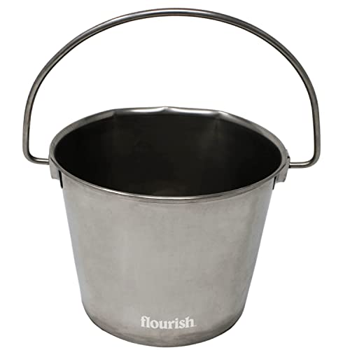 Flourish Pets Stainless Steel Dog Bucket with Flip Up Handle and Flat Back - for Storage of Kibble/Treats/Toys and More (Stainless Steel 6Qt)