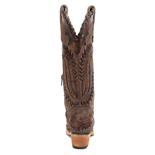 Yishaweiqi Embroidered Cowboy Boots for Women Mid Calf Cowgirl Boots Side Zipper Chunky Heel Snip Toe Knee High Western Boots - color: Dark Brown, size: 6