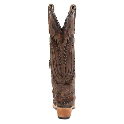 Yishaweiqi Embroidered Cowboy Boots for Women Mid Calf Cowgirl Boots Side Zipper Chunky Heel Snip Toe Knee High Western Boots - color: Dark Brown, size: 5