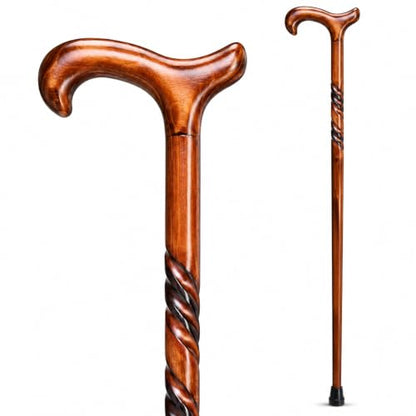 IBLAY Handmade Natural Wood Walking Cane for Men & Women – 36 Inch Wooden Walking Stick with Ergonomic Derby Handle, Classic Brown Finish