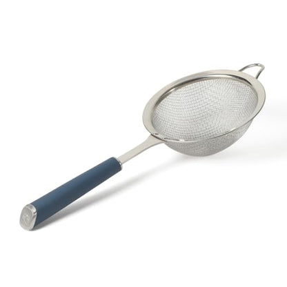Calphalon Edge Stainless Steel Strainer, Fine Mesh Kitchen Colander Strainer with Thermoplastic Rubber Handle, Sifter for Rinsing, Draining & Straining Food, Navy - color: Navy Blue w/ Rubber Handle (Edge - Strainer)