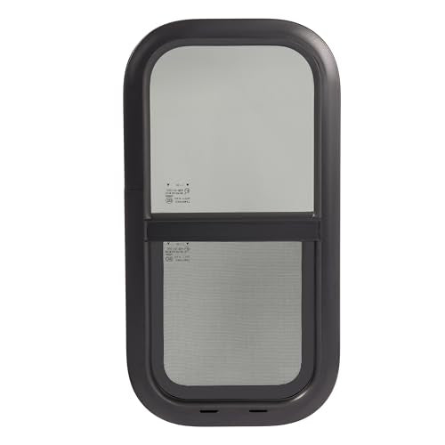 HECASA Universal RV Window 12" W x 24" H Vertical Slide Teardrop Window W/ | Trim Ring and Net Screen Tempered Glass Aluminium Plastic Rubber (1PC) - size: 12" W x 24" H