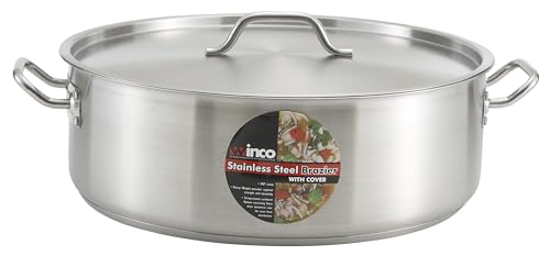 Winco 20 qt Stainless Steel Brazier Pan with Lid | Flat bottom, Wide base, Riveted handles, Induction safe, Great for Braising, Simmering, Batch Cooking and Restaurant Kitchens - size: 20 Quarts