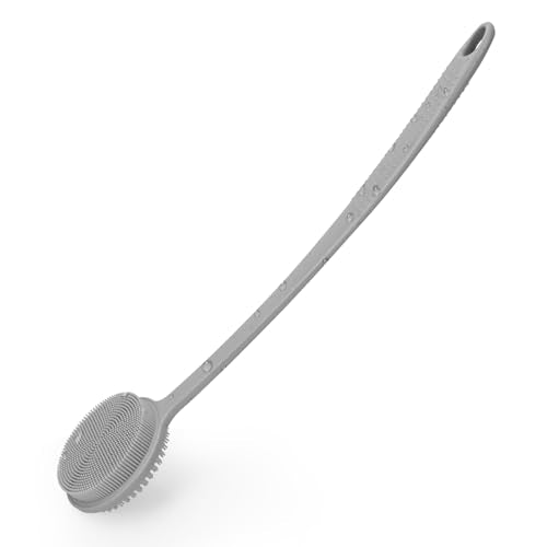 Silicone Back Scrubber for Shower, 17in Lengthen Long Handle Body Brush, Double Sided Shower Brush for Shower Exfoliating and Massage Can Produce Rich Foam, Long Handle Back Scrubber for Men - color: Gray