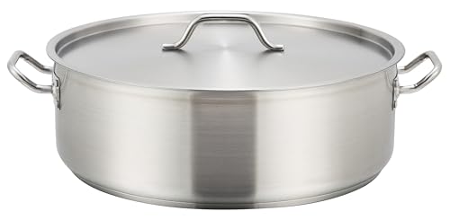 Winco 15 qt Stainless Steel Brazier Pan with Lid | Flat bottom, Wide base, Riveted handles, Induction safe, Great for Braising, Simmering, Batch Cooking and Restaurant Kitchens - size: 15 Quarts