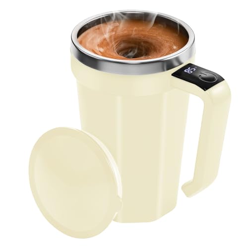 Self Stirring Coffee Mug with Temperature Display, 18 oz Rechargeable Self Stirring Mug with Lid, Automatic Self Stirring Cup with Stainless Steel for Coffee, Milk, Beverages, White - color: White