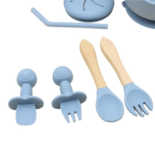 Silicone Baby Feeding Set Whimsy Blue Infant Tableware Collection with Bib Suction Bowl Utensils Straw Cup Snack Container - color: Whimsy Blue