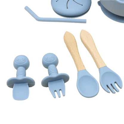 Silicone Baby Feeding Set Whimsy Blue Infant Tableware Collection with Bib Suction Bowl Utensils Straw Cup Snack Container - color: Whimsy Blue