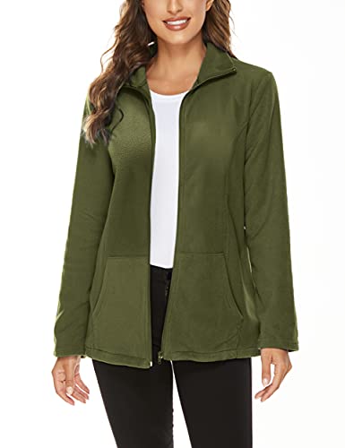 Hibelle Women's Outdoor Full-Zip Thermal Fleece Jacket with Pockets - color: 208-army Green, size: Medium