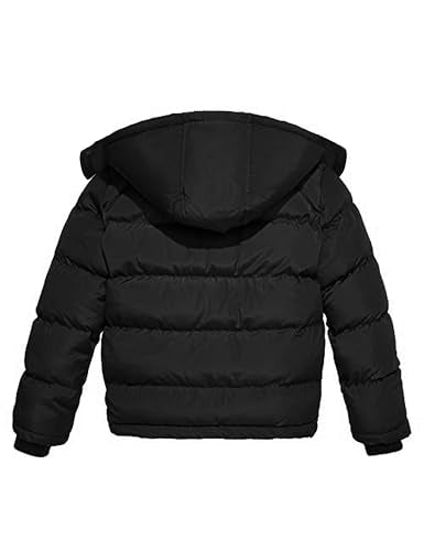wantdo Boys Puffy Winter Coats Fleece-Lined Snow Jackets Removable Hood | Elastic Cuffs, Hook-and-Loop Collar, Windproof, Machine Washable - color: Black, size: 8-9