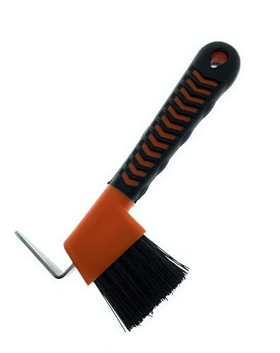 Horse Hoof Pick with Brush - Non-Slip Ergonomic Handle, Heavy-Duty Steel Pick & Stiff Bristles - Removes Dirt, Mud & Rocks - Horse Grooming Tool for Daily Hoof Care (Orange) | Steel pick, stiff bristles and non-slip ergonomic handle for removing packed mu