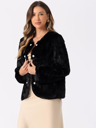 Allegra K Winter Faux Fur Coat Jacket for Women Long Sleeve Pockets Pearl Button Fluffy Cropped Cardigan Outerwear - color: Black, size: Large