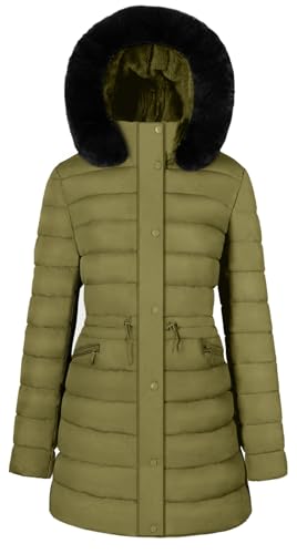 BodiLove Women's Fur Hooded Thickened Jacket with Fleece Lining - color: Light Olive Hip-length, size: Small