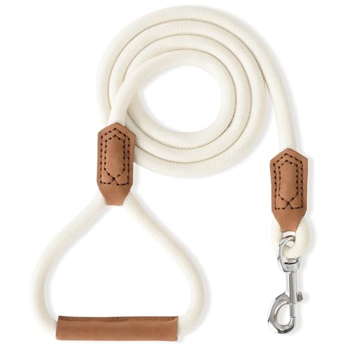 Mile High Life Dog Leash with Genuine Leather-Wrapped Ends/Handle, 4/5/6FT - color: Cream White, size: 48 Inch-1/2"