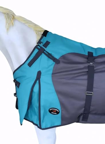 1200D Horse Turnout Blanket Waterproof, Breathable, Heavy-Weight Winter Blanket with 300g Fill, Ripstop Outer Shell - color: Grey/Turquoise, size: 66 inches