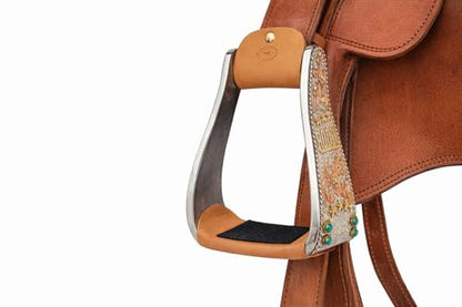 CHALLENGER Horse Western Saddle Rodeo Floral Engraved Turquoise Stone Angled Stirrups 51246