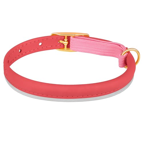 OOPSDOGGY Rolled Leather Cat Collar with Bell - Reflective Kitten Collar with Safety Elastic Strap - Adjustable Small Pet Collars for Boy Girl Cats (Pink) - color: Pink
