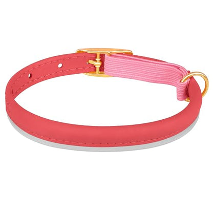 OOPSDOGGY Rolled Leather Cat Collar with Bell - Reflective Kitten Collar with Safety Elastic Strap - Adjustable Small Pet Collars for Boy Girl Cats (Pink) - color: Pink