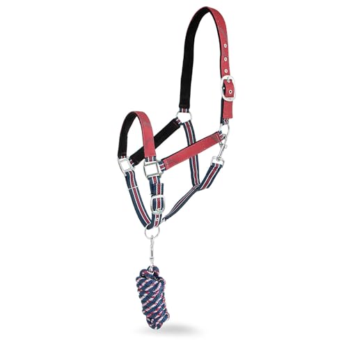 Jeffers Poplar Head Adjustable Padded Nylon Halter & Matching Lead Set with Quick Snap for Horses, Full Size Horse Halter with Padded Noseband & Crown, Equestrian Training Tack for Stable or Ranch Us - color: Merlot and Navy